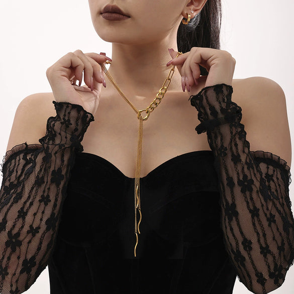 Sweater Chain 316L Stainless Steel Geometric Electroplated Multi Layer Tassel Curved Strip Stacked