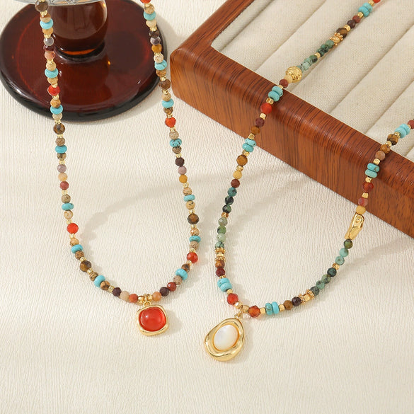 Sweater Chain Women's Retro Light Luxury Niche Stacked Clavicle Chain Handmade Red Agate Copper Geometric