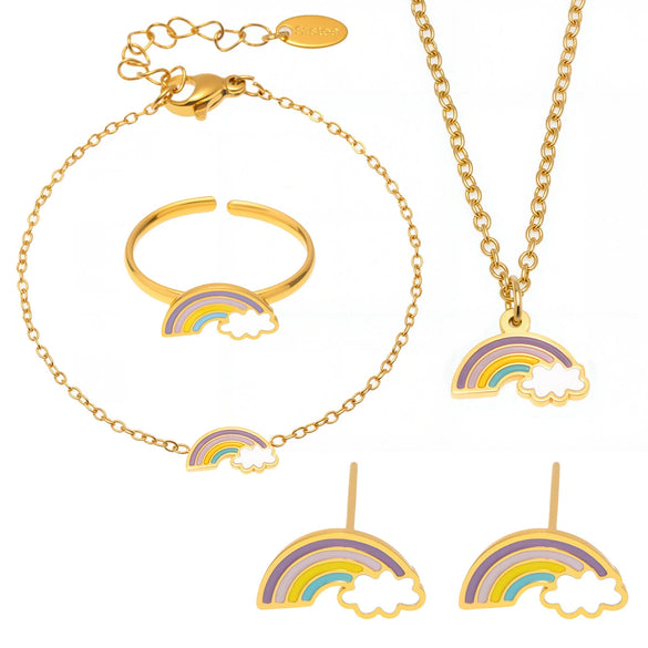 Sweet And Cute Kids' Jewelry Set With Oil Dripping Rainbow Cloud Design Titanium Steel And Stainless Steel Electroplated Earrings Necklace Bracelet Ring