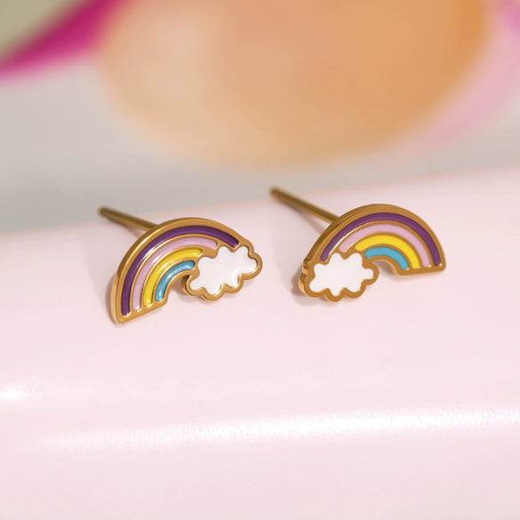 Sweet And Cute Kids' Jewelry Set With Oil Dripping Rainbow Cloud Design Titanium Steel And Stainless Steel Electroplated Earrings Necklace Bracelet Ring
