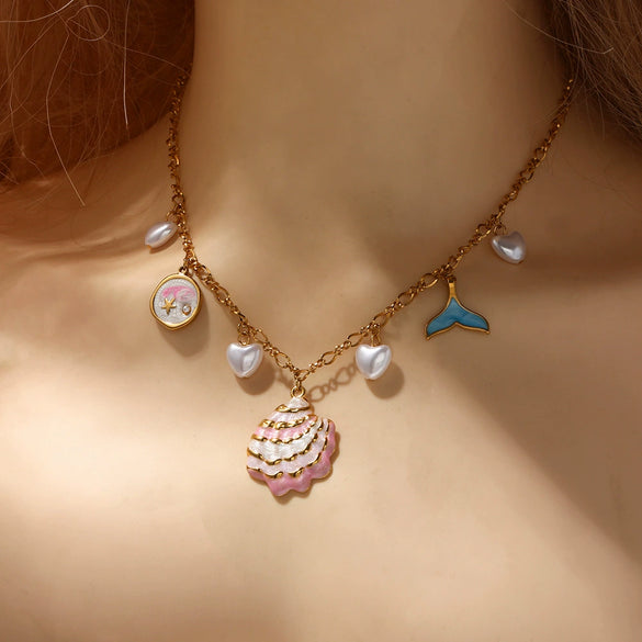 Sweet And Fresh Ocean Style Stainless Steel Necklace With Shell Fish Tail Heart Pendant And Oil Dripping Design