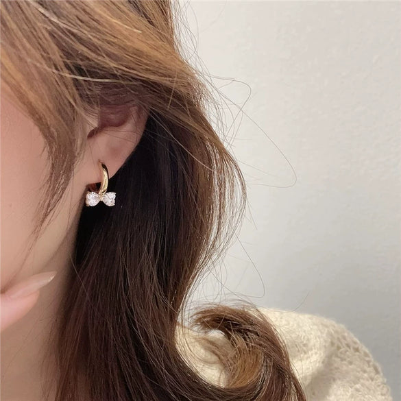 Sweet Bow Copper Earrings With Sparkling Zircon Inlay Trendy Niche Design Earrings For Women