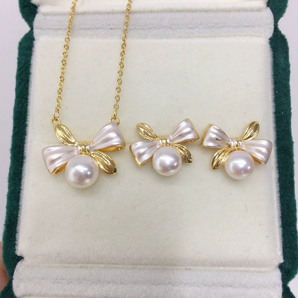 Sweet Bow Freshwater Pearl Pendant Earring Set Jewelry
