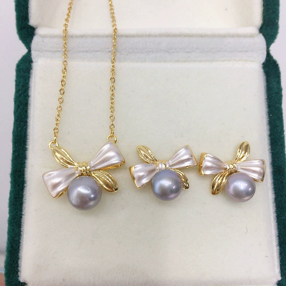 Sweet Bow Freshwater Pearl Pendant Earring Set Jewelry