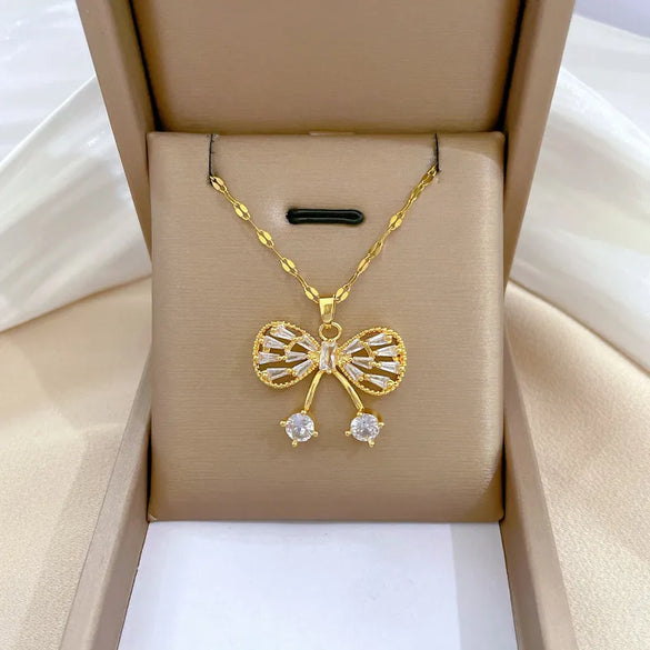 Sweet Bow Knot Titanium Steel Plating Inlay Zircon Earrings Necklace