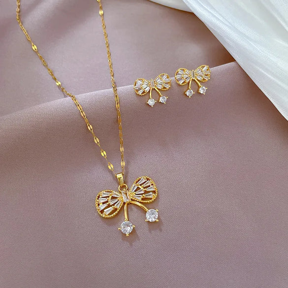 Sweet Bow Knot Titanium Steel Plating Inlay Zircon Earrings Necklace