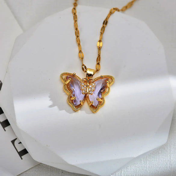 Sweet Butterfly Titanium Steel Copper Inlay Zircon Pendant Necklace