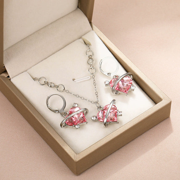 Sweet Cool Style Pink Zircon Love Heart Water Drop Bell Pattern Artificial Crystal Gold Plated Inlaid Earrings Necklace Suit For Women