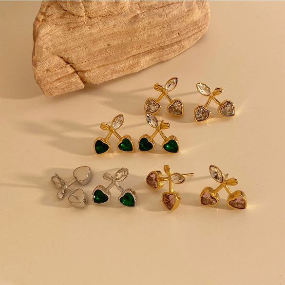 Sweet Cute Love Niche Design Cherry Earrings Stainless Steel With Electroplating And Geometric Fruit Pattern