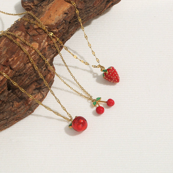 Sweet Cute Oil Dropping Fruit Shaped Pendants With Chains And Necklace Accessories Made Of Stainless Steel