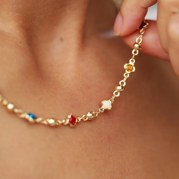 Sweet Four Leaf Clover Copper Plating Inlay Artificial Gemstones 18k Gold Plated Necklace