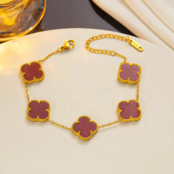 Wholesale Sweet Four Leaf Clover Titanium Steel Plating Inlay Shell Bracelets Necklace Jewelry Set