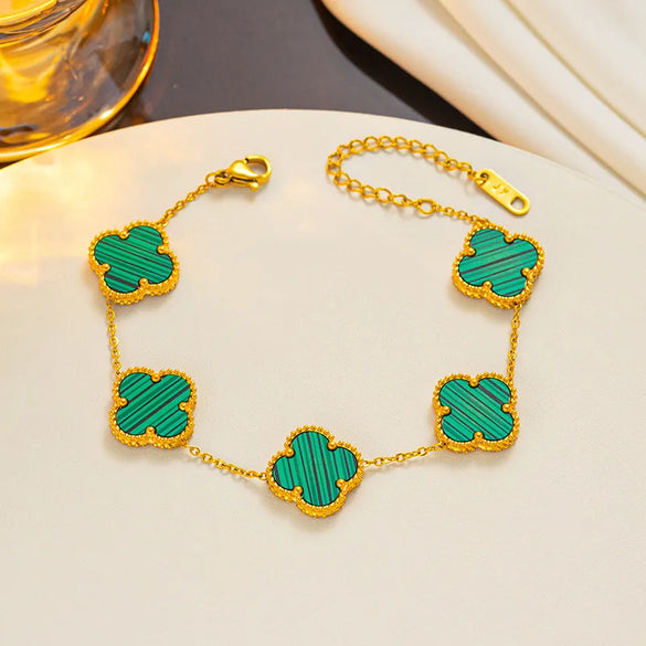 Wholesale Sweet Four Leaf Clover Titanium Steel Plating Inlay Shell Bracelets Necklace Jewelry Set