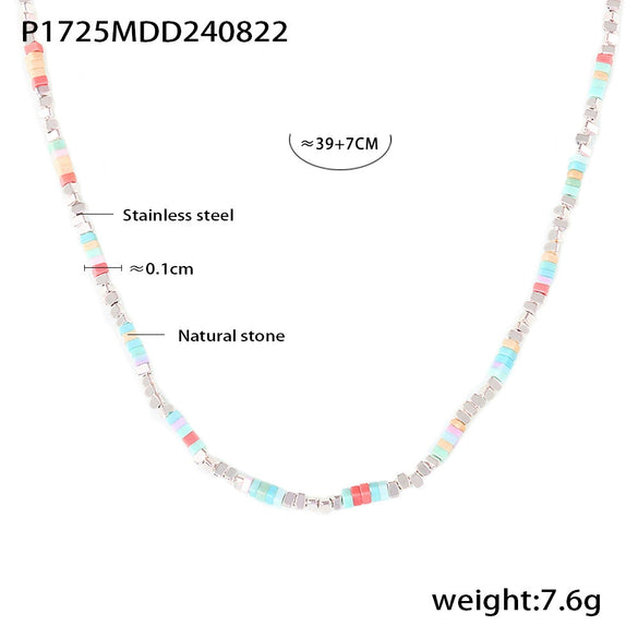 Sweet Fresh Dopamine Beaded Women's Necklace With Trendy Colorful Natural Stone Stainless Steel Clavicle Chain In Geometric Design Electroplated