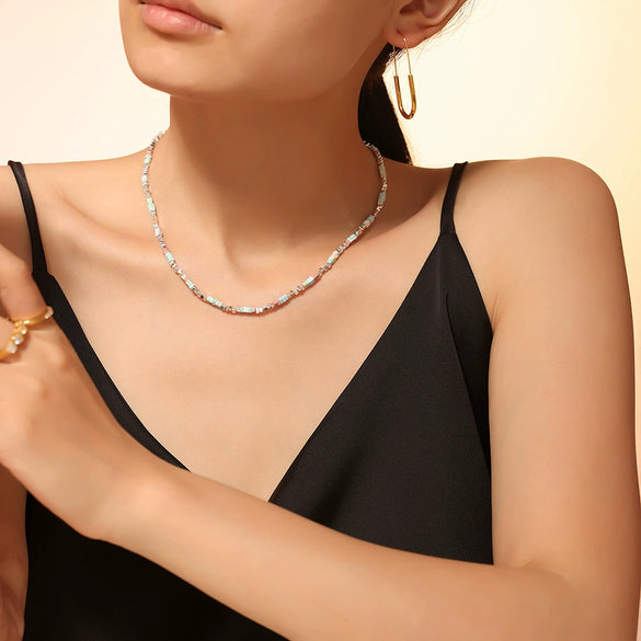 Sweet Fresh Dopamine Beaded Women's Necklace With Trendy Colorful Natural Stone Stainless Steel Clavicle Chain In Geometric Design Electroplated