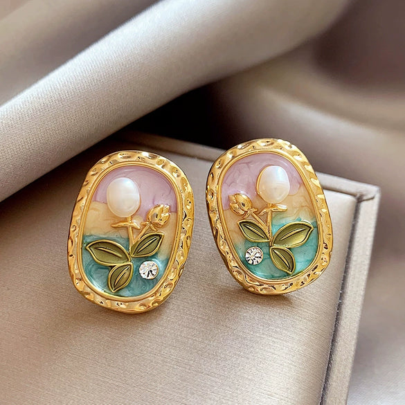 Sweet Fresh Floral Alloy Stud Earrings With Dripping Oil Processing For Women