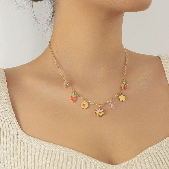 Sweet Fruit Flower Style Glue Dropping Crystal Strawberry Cherry Pendant Stainless Steel Necklace With Electroplating