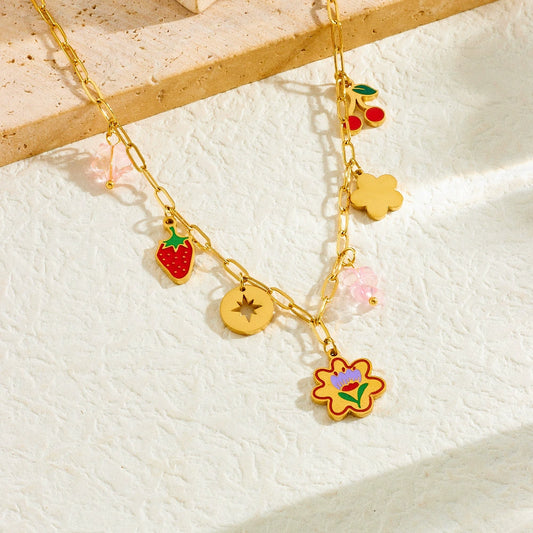 Sweet Fruit Flower Style Glue Dropping Crystal Strawberry Cherry Pendant Stainless Steel Necklace With Electroplating