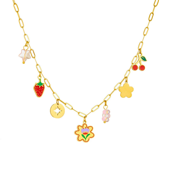 Sweet Fruit Flower Style Glue Dropping Crystal Strawberry Cherry Pendant Stainless Steel Necklace With Electroplating