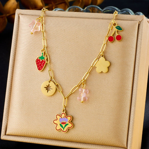 Sweet Fruit Flower Style Glue Dropping Crystal Strawberry Cherry Pendant Stainless Steel Necklace With Electroplating
