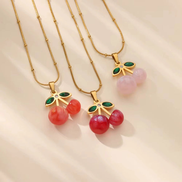 Sweet Fruit Pattern Resin Pendant Stainless Steel Necklace With Electroplating