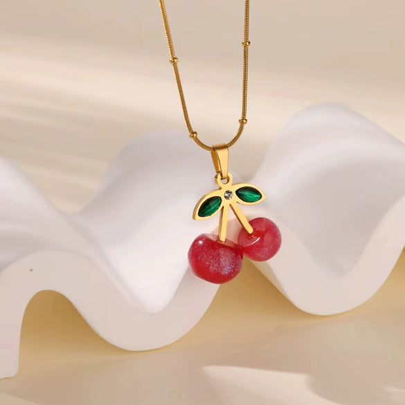 Sweet Fruit Pattern Resin Pendant Stainless Steel Necklace With Electroplating