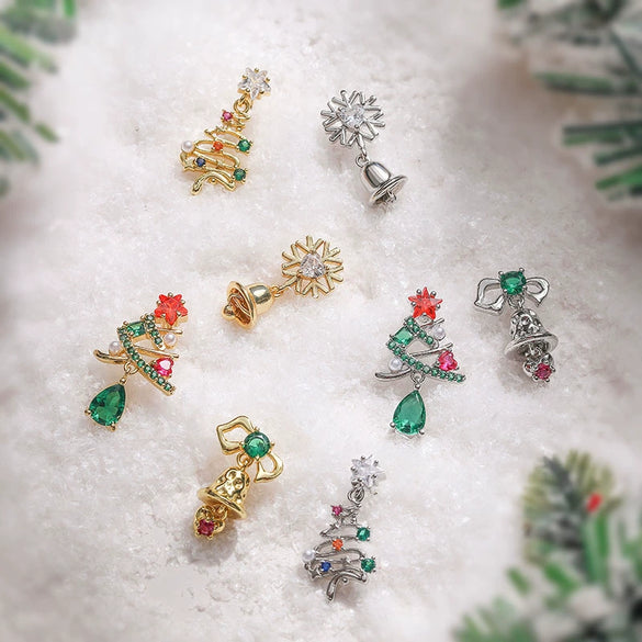 Sweet Geometric Christmas Tree Bell Earrings With Copper Inlay And Zircon Accents For Women