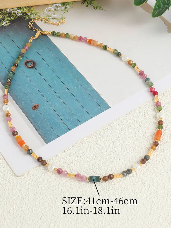 Sweet Geometric Color Block Freshwater Pearl Tourmaline Copper Beaded Handmade Women's Necklace