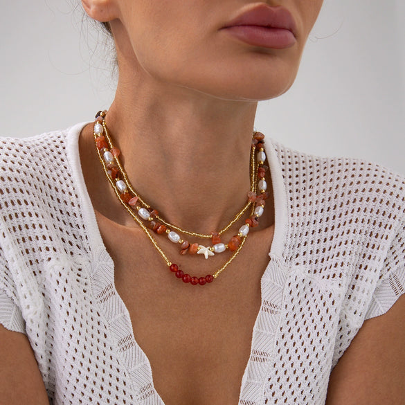Sweet Geometric Handmade Pearl Starfish Beaded Necklace For Women
