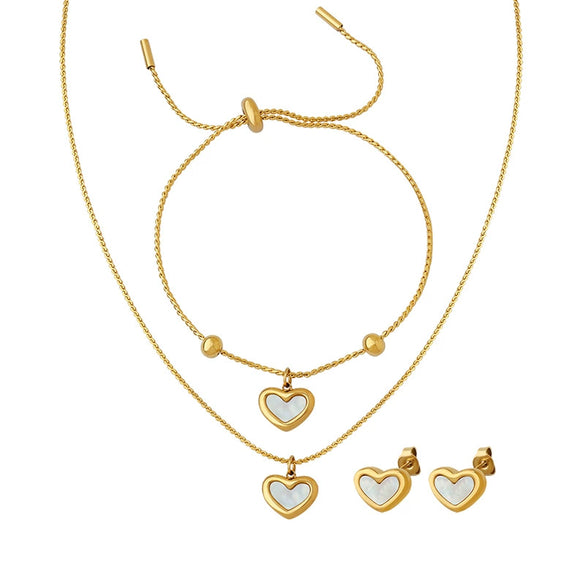 Sweet Heart Shell 316L Stainless Steel Necklace Earrings Bracelet Threepiece Women's Jewelry With Electroplating Treatment