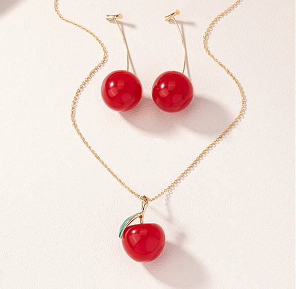 Sweet Pastoral Classic Style Cherry Fruit Resin Gold Plated Women'S Earrings Necklace