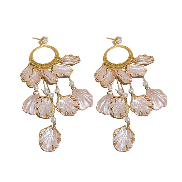 Sweet Pink Petal Zircon Tassel Earrings In Alloy With Flower Pattern