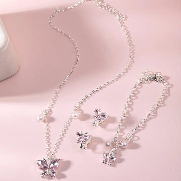 Sweet Shiny Butterfly Alloy Pearl Inlay Rhinestones Girl'S Jewelry Set