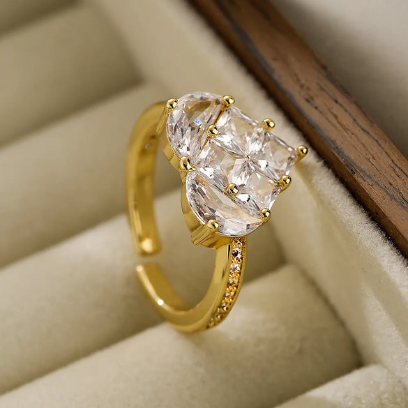 Sweet Simple Style Heart Shape Rectangle 18k Gold Plated Zircon Copper Wholesale Open Ring