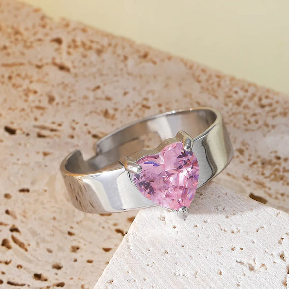 Stainless Steel None Sweet Simple Style Inlay Heart Shape Zircon Open Rings