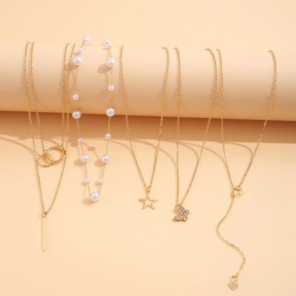 Sweet Star Heart Shape Butterfly Imitation Pearl Alloy Tassel Plating Inlay Zircon Necklace