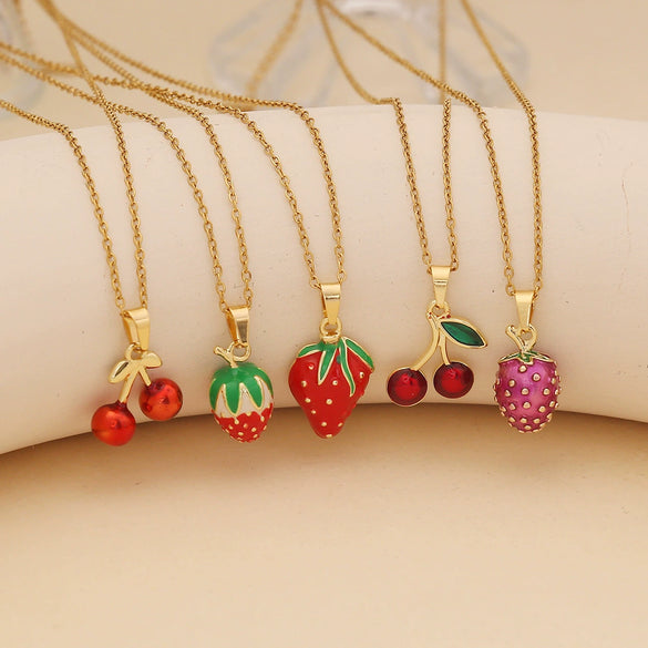 Sweet Strawberry Cherry Pendant Fashion Stainless Steel Clavicle Chain Jewelry With Fruit Pattern