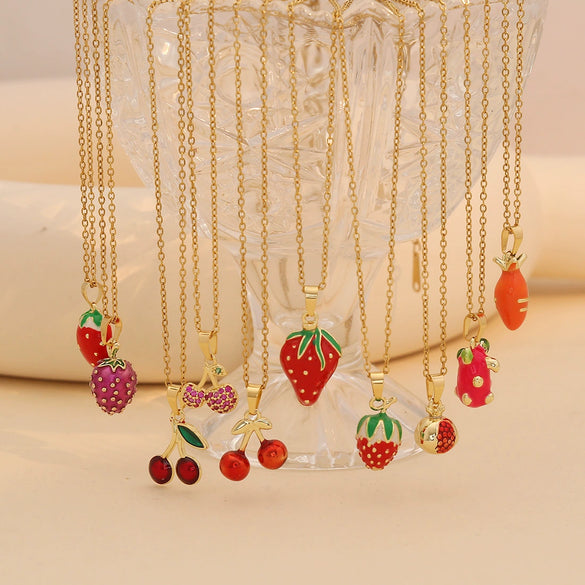 Sweet Strawberry Cherry Pendant Fashion Stainless Steel Clavicle Chain Jewelry With Fruit Pattern