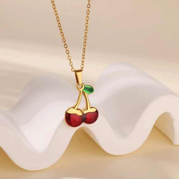 Sweet Student Cute Cherry Fruit Pendant Necklace Clavicle Chain Stainless Steel Electroplated Unisex