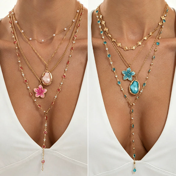 Sweet Style Imitation Pearl Necklace With Floral And Geometric Details Rhinestone Yshaped Tassel Pendant And Plated Alloy Chain For Women