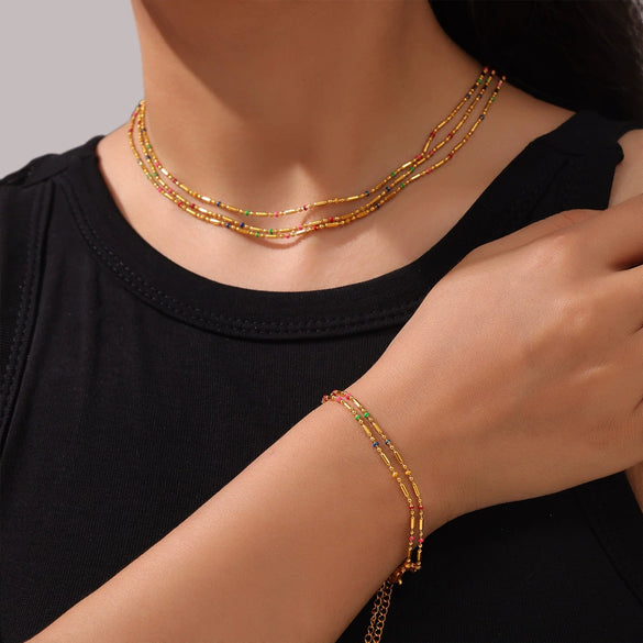 Sweet Style Mini Design Oil Dropping Bead Titanium Steel Necklace Bracelet Anklet Set For Women With Geometric Style And Electroplating Treatment