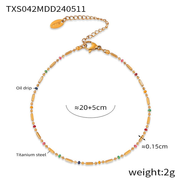 Sweet Style Mini Design Oil Dropping Bead Titanium Steel Necklace Bracelet Anklet Set For Women With Geometric Style And Electroplating Treatment
