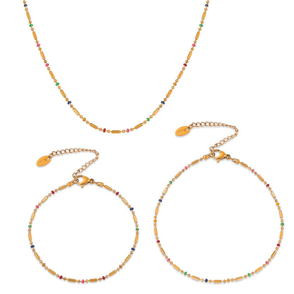 Sweet Style Mini Design Oil Dropping Bead Titanium Steel Necklace Bracelet Anklet Set For Women With Geometric Style And Electroplating Treatment