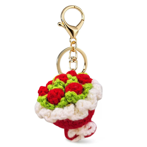 Sweet Style Sunflower And Rose Bouquet Hand Knitted Yarn Keychain Pendant With Copper Accent Gift For Women
