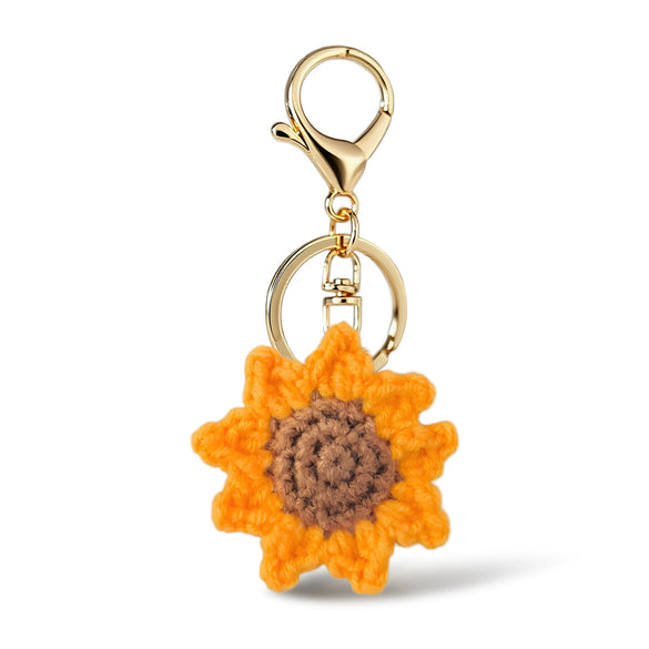 Sweet Style Sunflower And Rose Bouquet Hand Knitted Yarn Keychain Pendant With Copper Accent Gift For Women