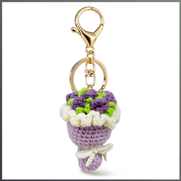 Sweet Style Sunflower And Rose Bouquet Hand Knitted Yarn Keychain Pendant With Copper Accent Gift For Women