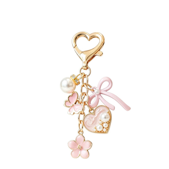 Sweet Style Zinc Alloy Oil Drip Flower Keychain With Butterfly Heart Shaped Pearl Pendant Cute Keychain Accessory