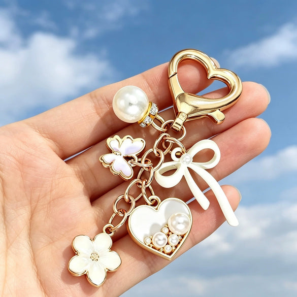 Sweet Style Zinc Alloy Oil Drip Flower Keychain With Butterfly Heart Shaped Pearl Pendant Cute Keychain Accessory