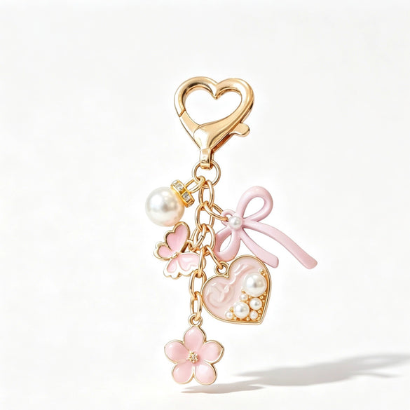Sweet Style Zinc Alloy Oil Drip Flower Keychain With Butterfly Heart Shaped Pearl Pendant Cute Keychain Accessory