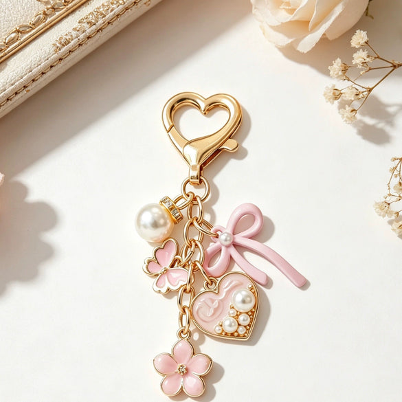 Sweet Style Zinc Alloy Oil Drip Flower Keychain With Butterfly Heart Shaped Pearl Pendant Cute Keychain Accessory